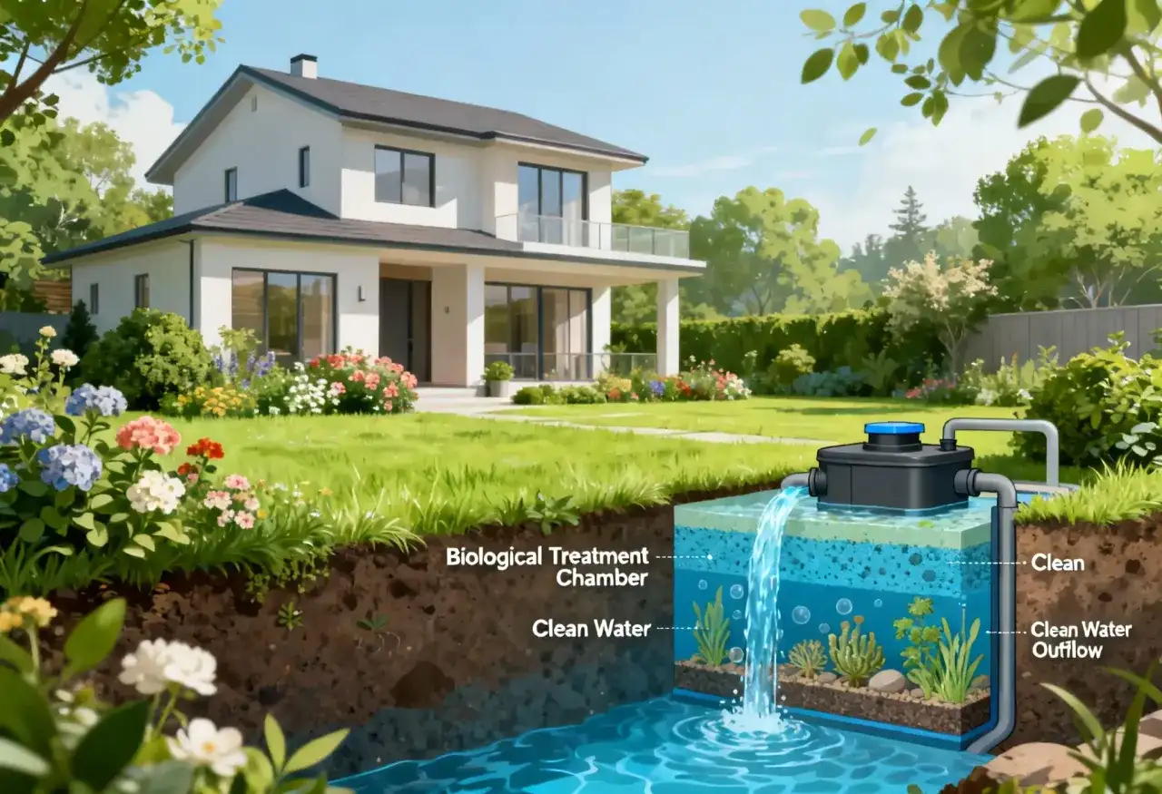 Schemat przydomowej oczyszczalni ścieków z domem w tle i przepływem czystej wody.