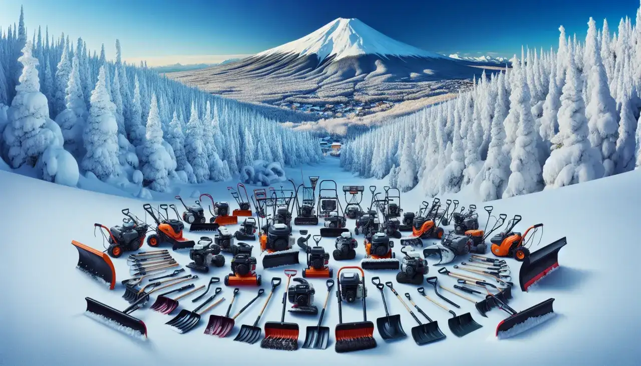 Duża kolekcja odśnieżarek i łopat na tle ośnieżonej góry i lasu.