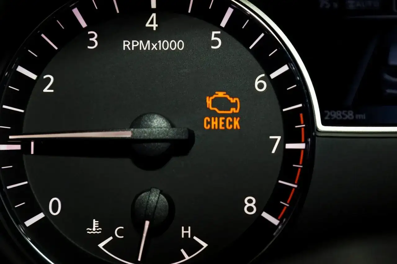 Pomarańczowa kontrolka "CHECK ENGINE" na desce rozdzielczej sygnalizuje problem z mechanizmem sterującym pracą silnika.