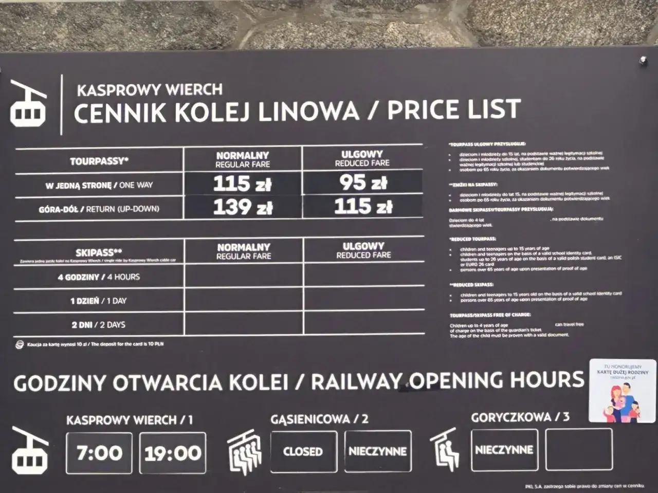 Cennik kolejki linowej na Kasprowy Wierch: ceny biletów normalnych i ulgowych, godziny otwarcia.