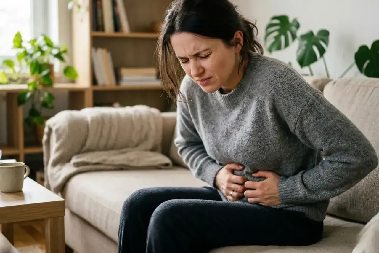 Kobieta siedzi na kanapie, trzymając się za brzuch. Jej twarz wyraża ból, co może być jednym z objawów szybkiego metabolizmu.