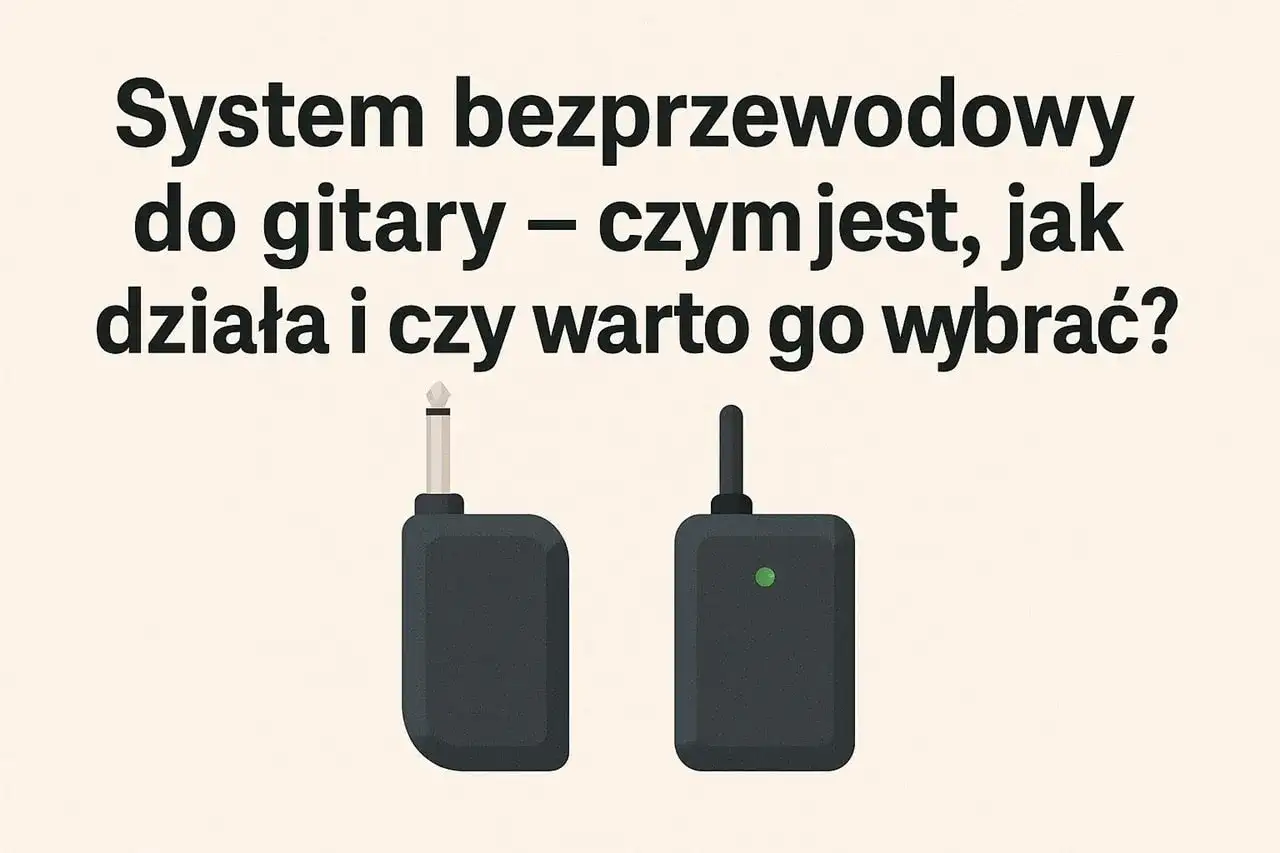 Dwa moduły systemu bezprzewodowego do gitary, jeden z wtykiem jack, drugi z antenką i zieloną diodą.