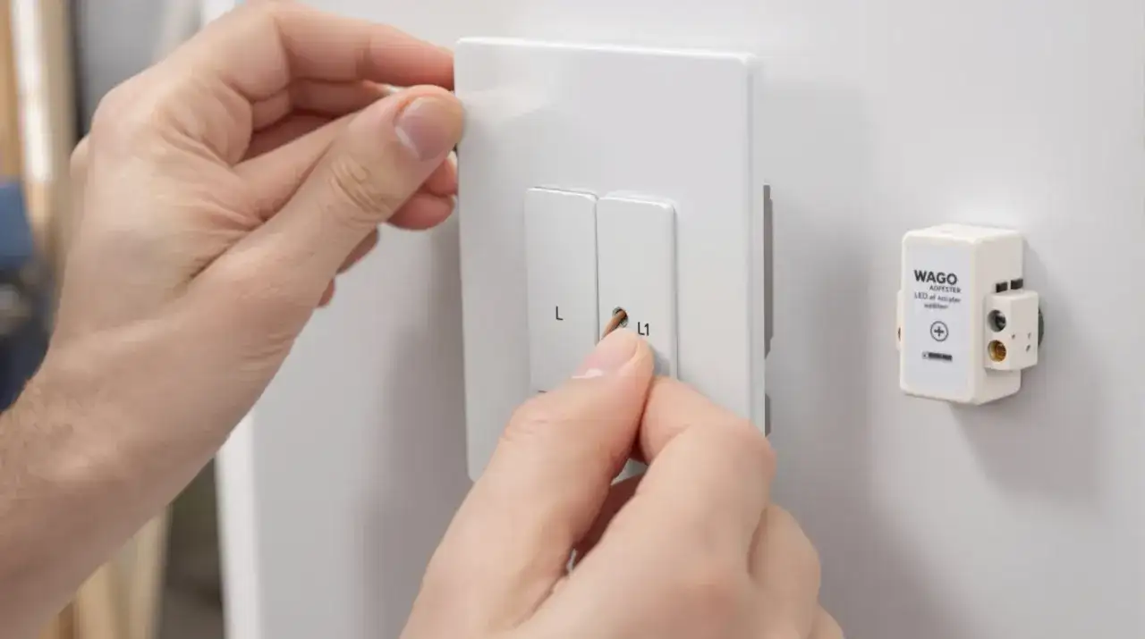 Ręce montują wyłącznik czasowy. Obok widoczny adapter WAGO.