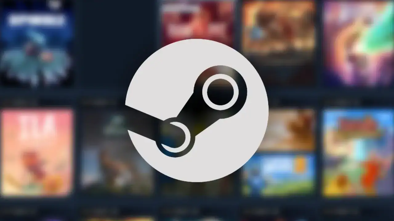 Logo Steam na tle rozmytych okładek gier.