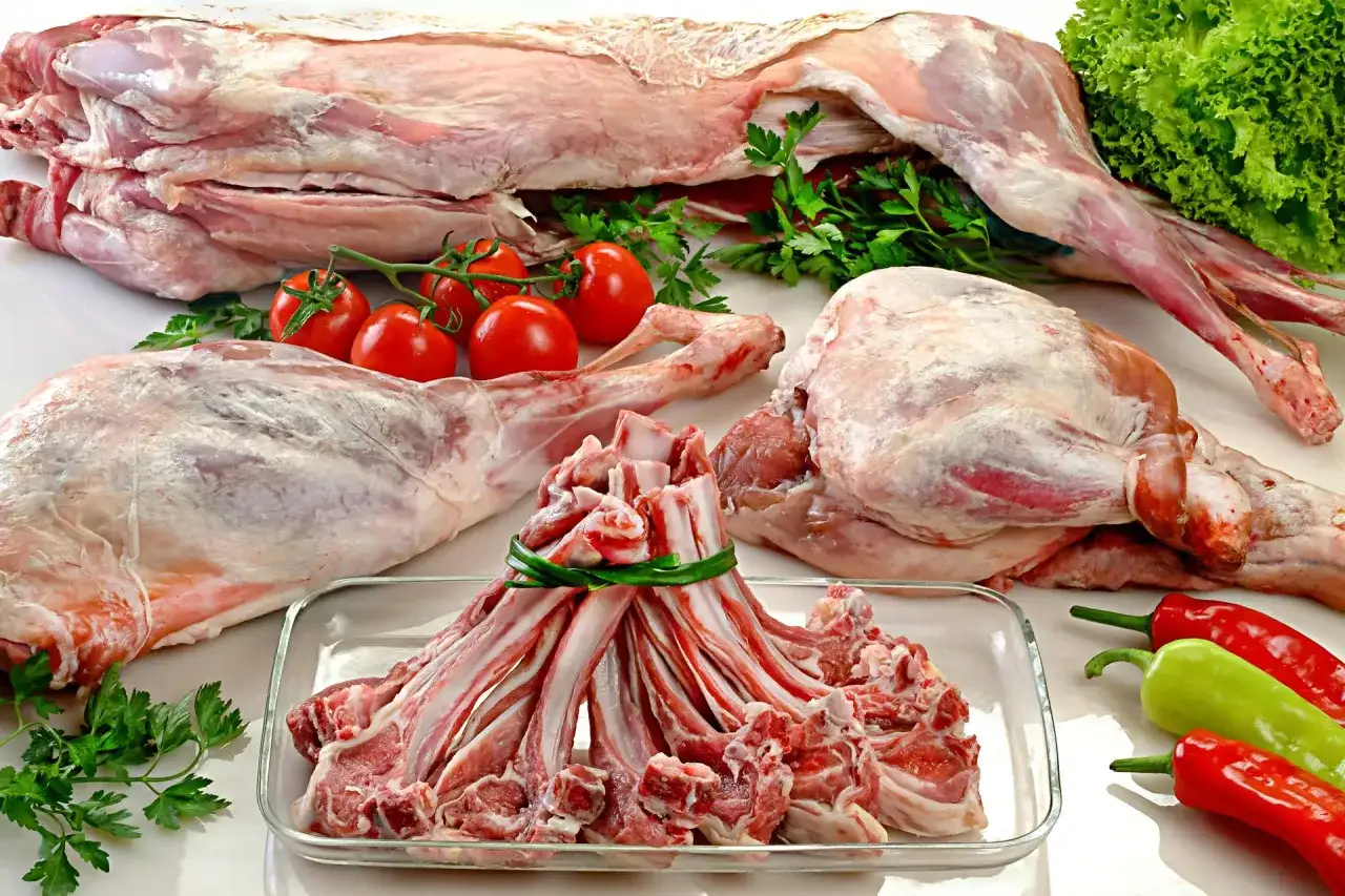 Surowe kawałki jagnięciny, pomidory, papryczki i sałata na białym tle.