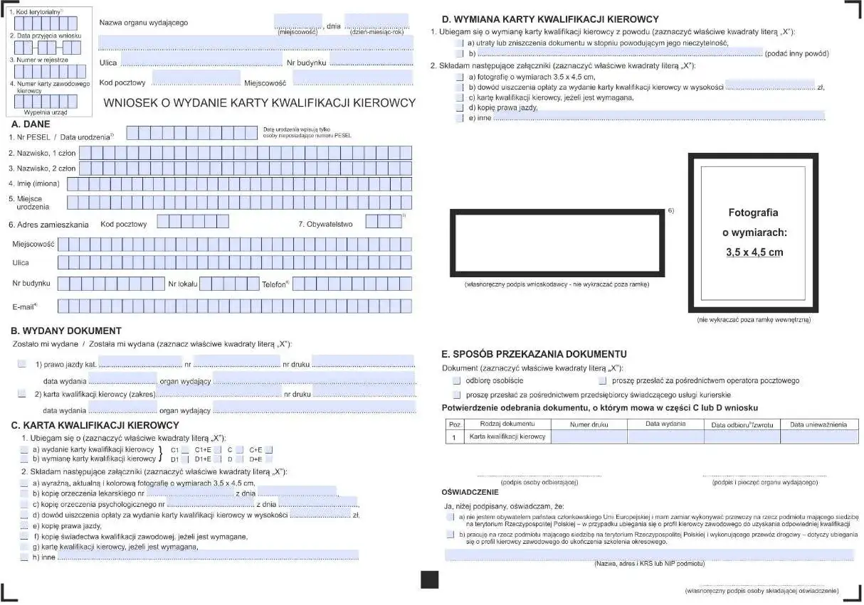 Wniosek o wydanie karty kwalifikacji kierowcy. Jak wypełnić wniosek o przedłużenie karty kierowcy, dane osobowe, wybrane dokumenty, zdjęcie.