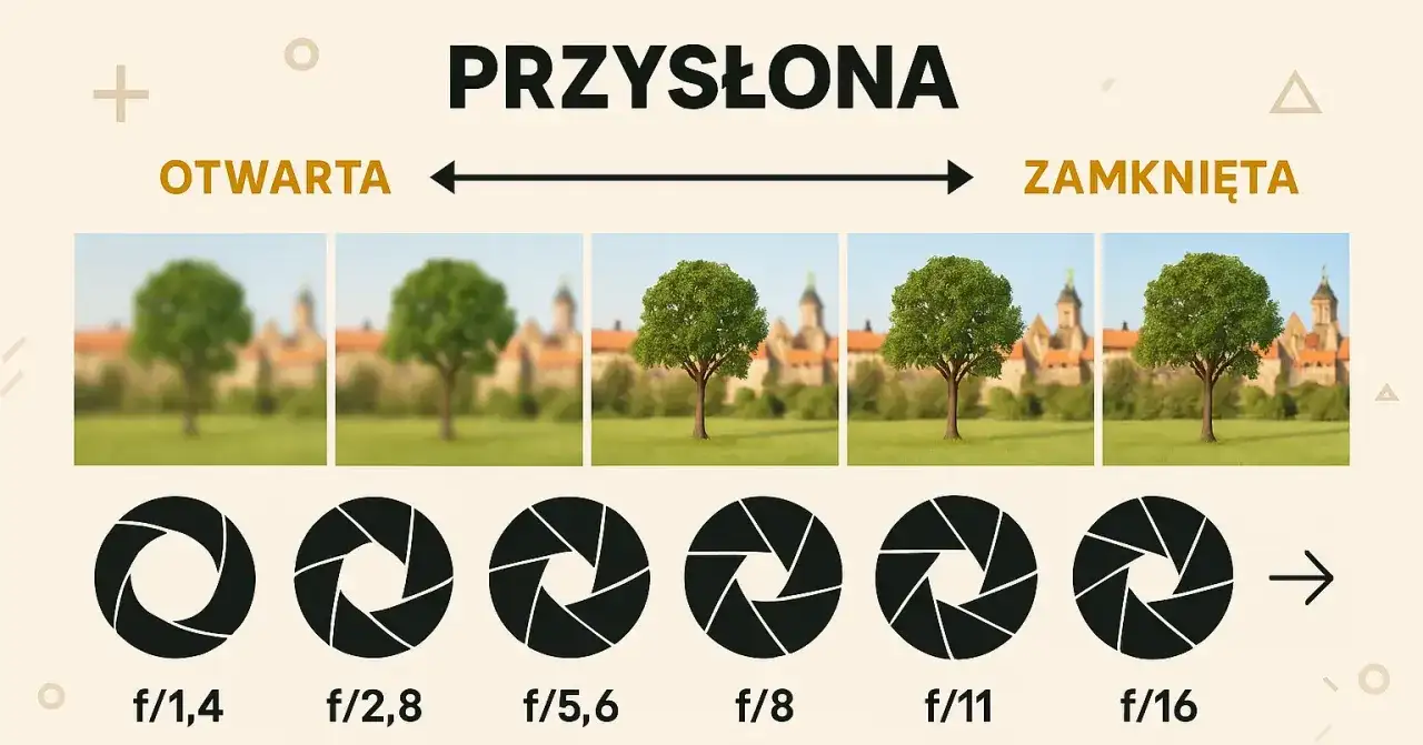 Przysłona zmienia głębię ostrości. Od otwartej (f/1,4) do zamkniętej (f/16), drzewo staje się coraz ostrzejsze.