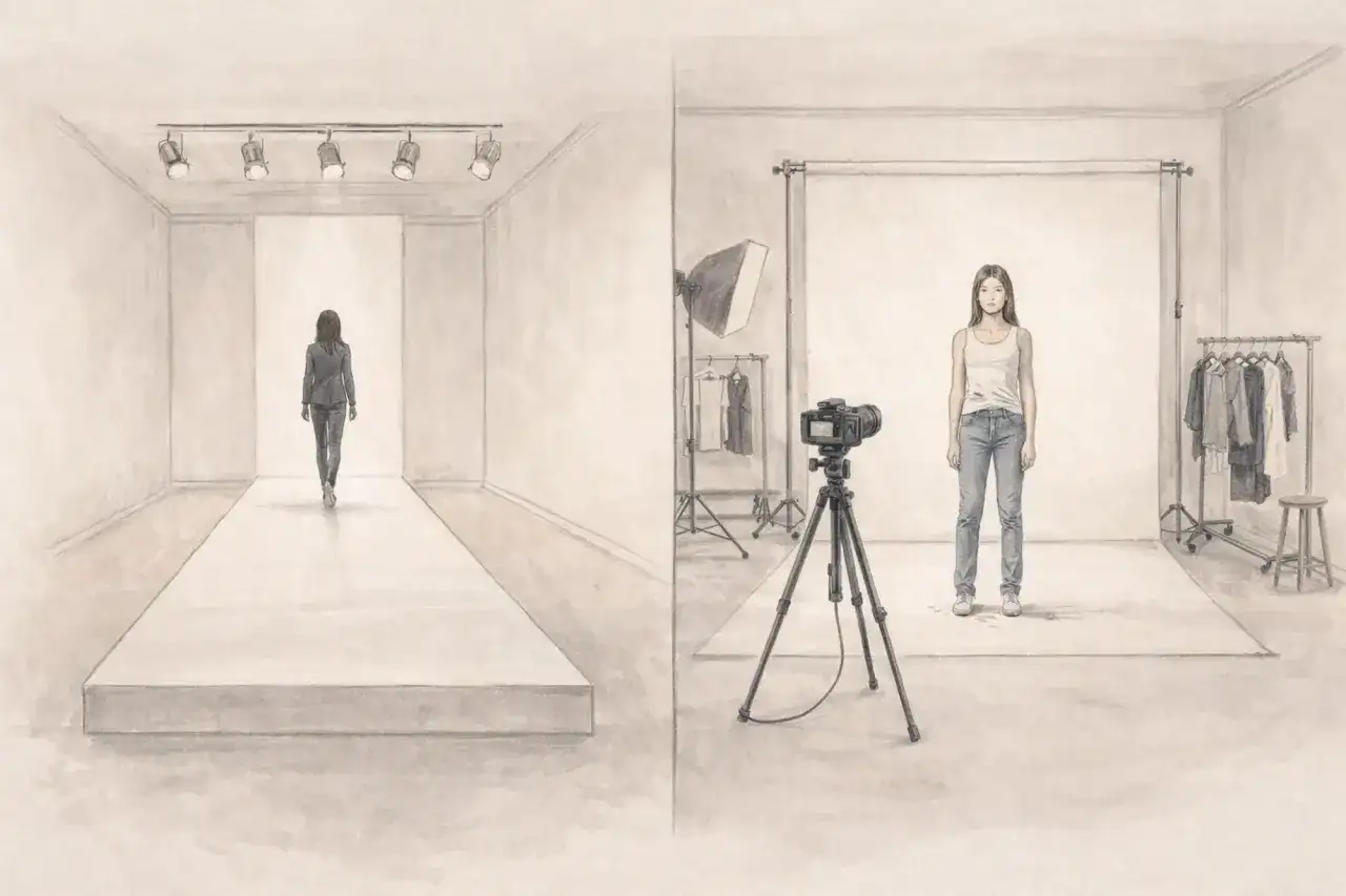 Ilustracja przedstawia scenę z wybiegu i sesji zdjęciowej z modelką.