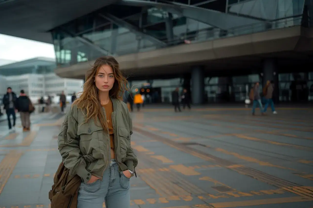 Młoda kobieta w modnej jesiennej stylizacji, w zielonej kurtce bomberce i jeansach, pozuje na tle nowoczesnego budynku.
