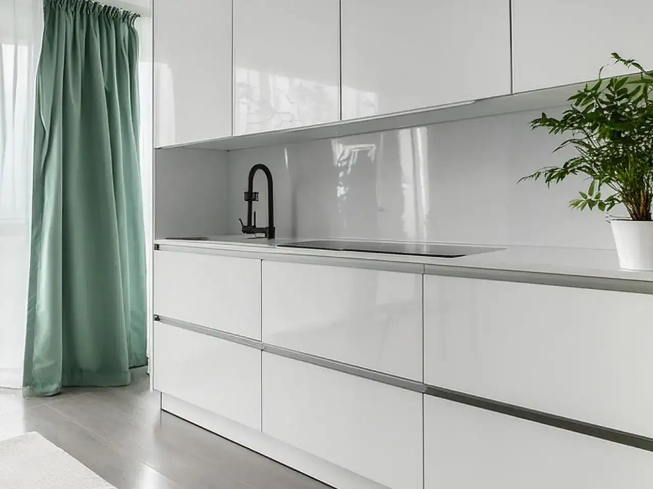 Nowoczesna, biała kuchnia z czarną baterią i zieloną zasłoną. Dowiedz się, jak odświeżyć płytki w kuchni, by nadać jej nowy blask.