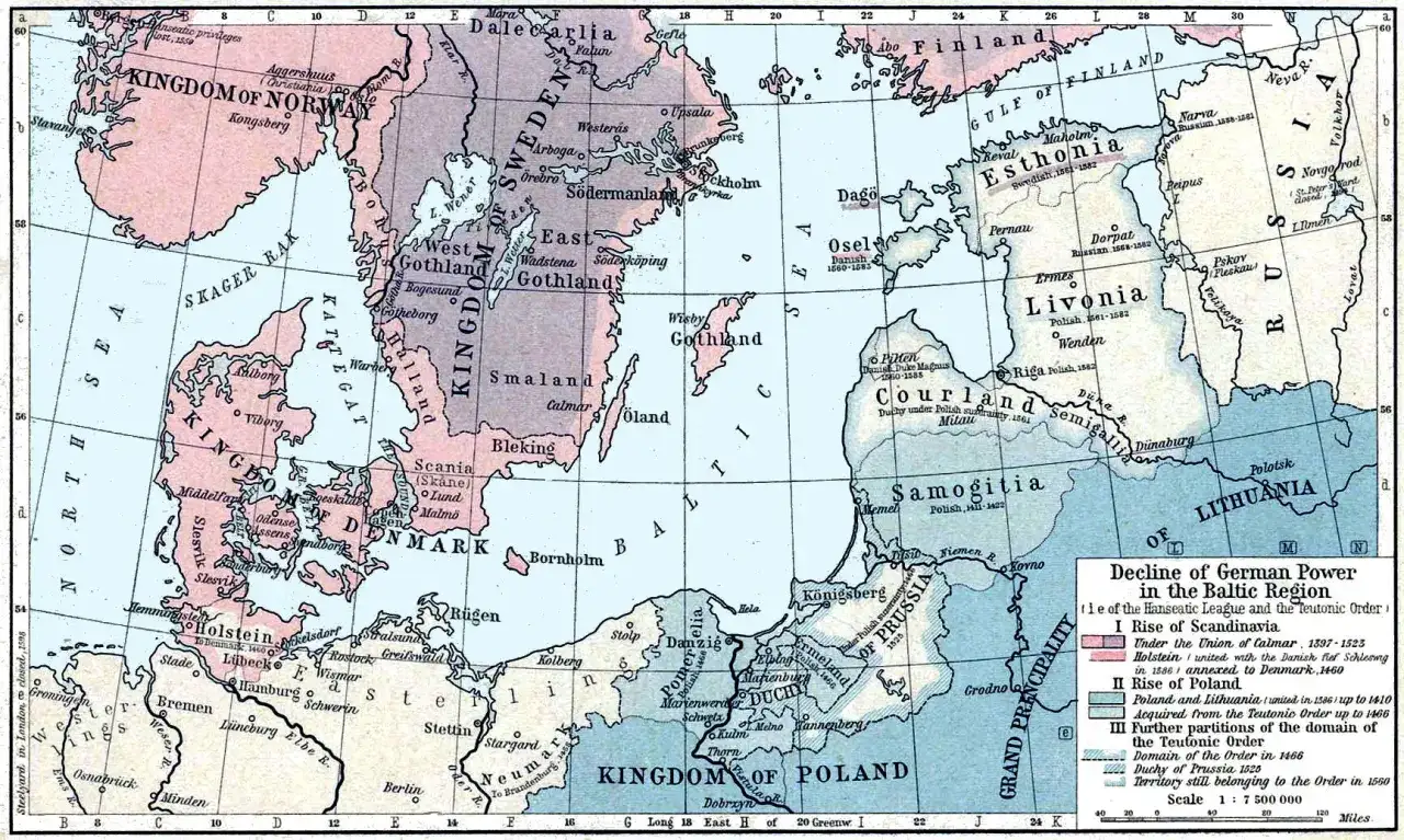 Stara mapa Europy Północnej i Wschodniej z zaznaczonymi królestwami i regionami.