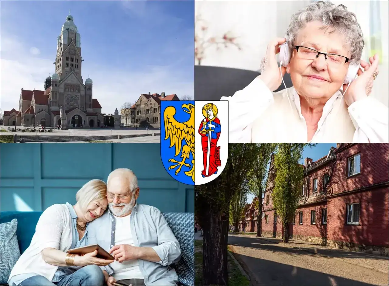 Kolaż: kościół, starsza kobieta w słuchawkach, para seniorów z tabletem, herb, ulica z domami.