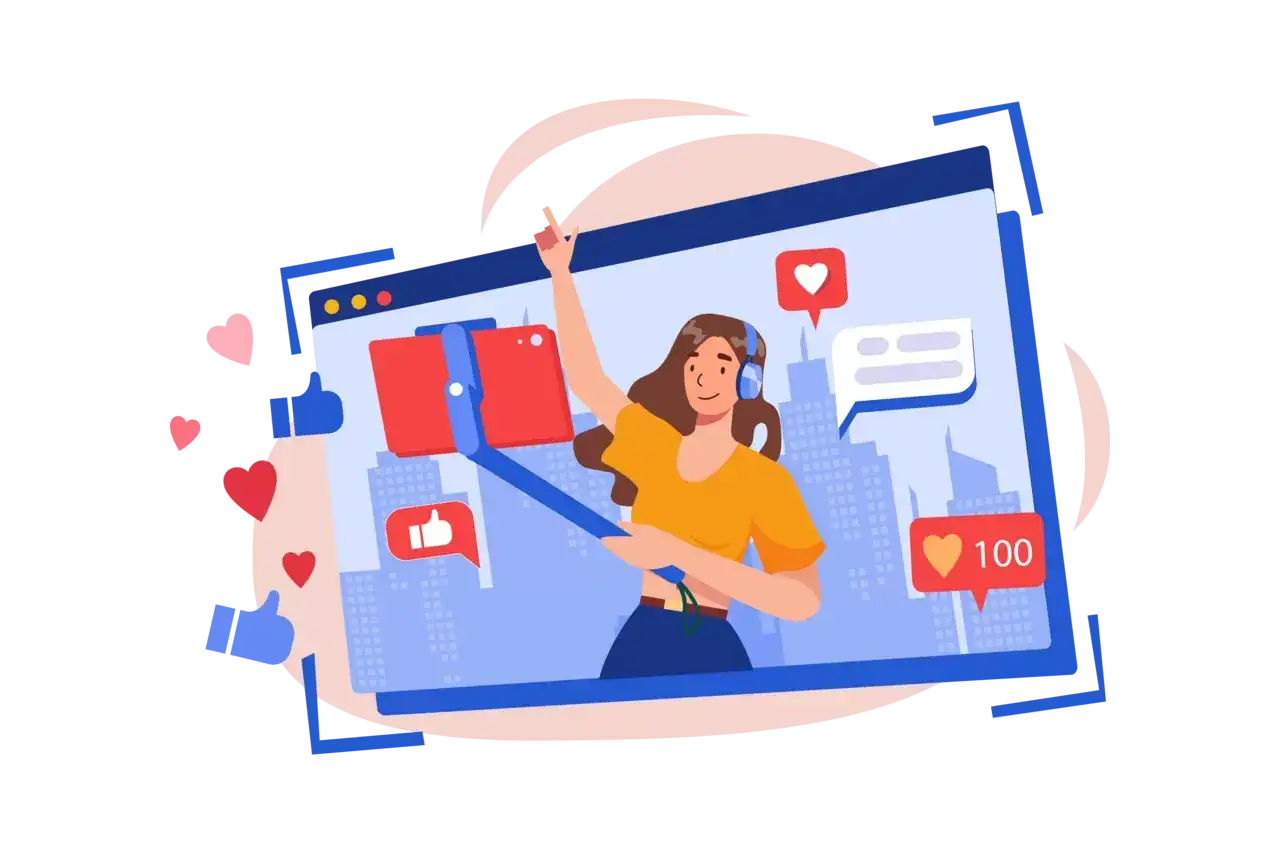 Dziewczyna z selfie stickiem nagrywa filmik, pokazując, jak napisać blog po angielsku. Wokół pojawiają się serduszka i kciuki w górę.