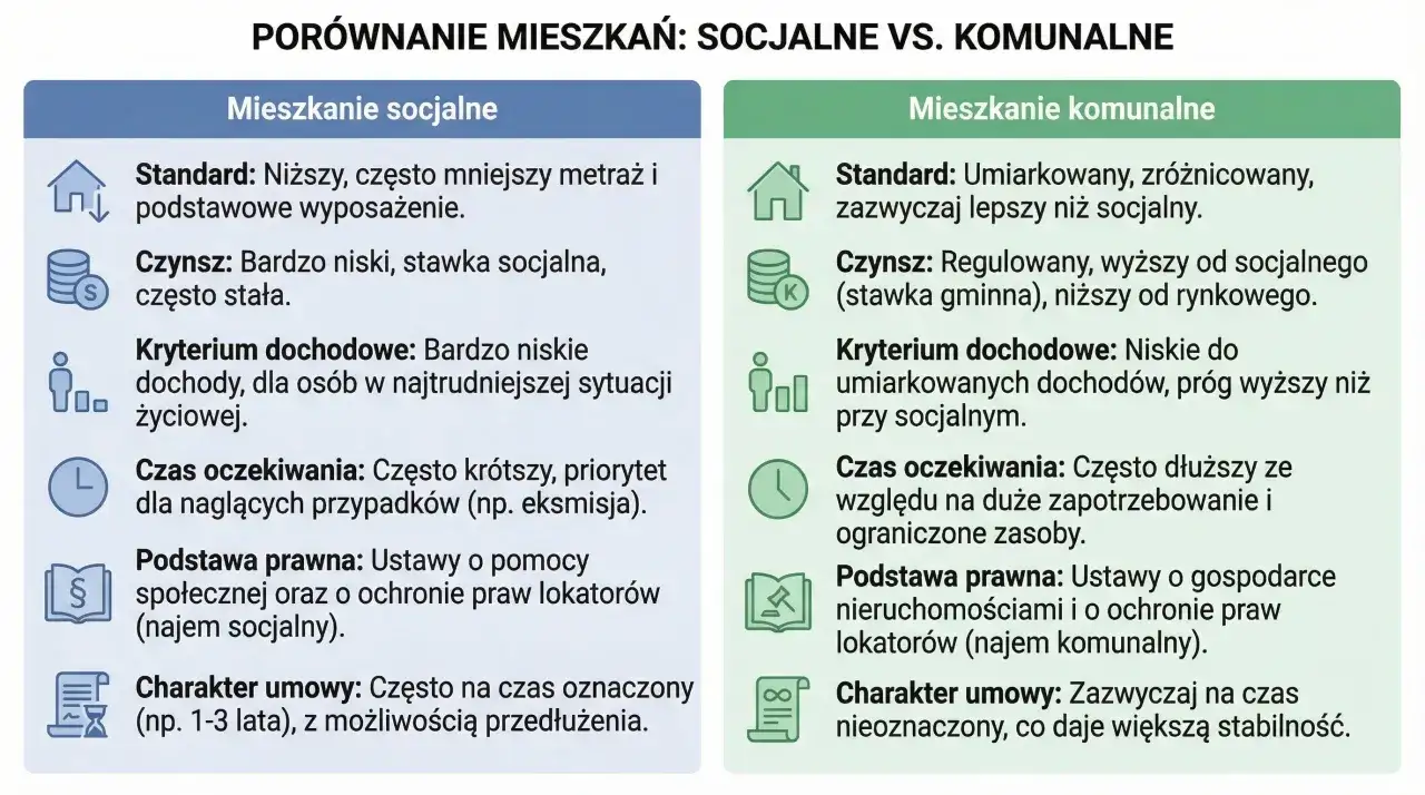 Porównanie mieszkań socjalnych i komunalnych: standard, czynsz, kryterium dochodowe, czas oczekiwania, podstawa prawna, charakter umowy.
