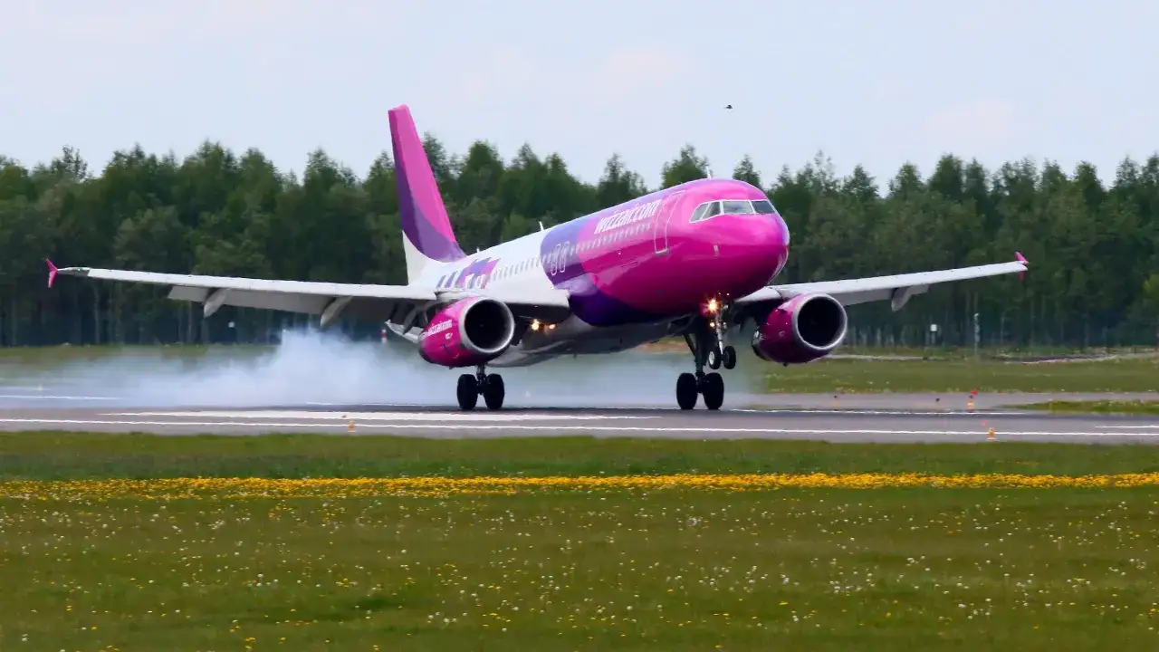 Różowy samolot Wizz Air ląduje na pasie startowym, unosząc dym.