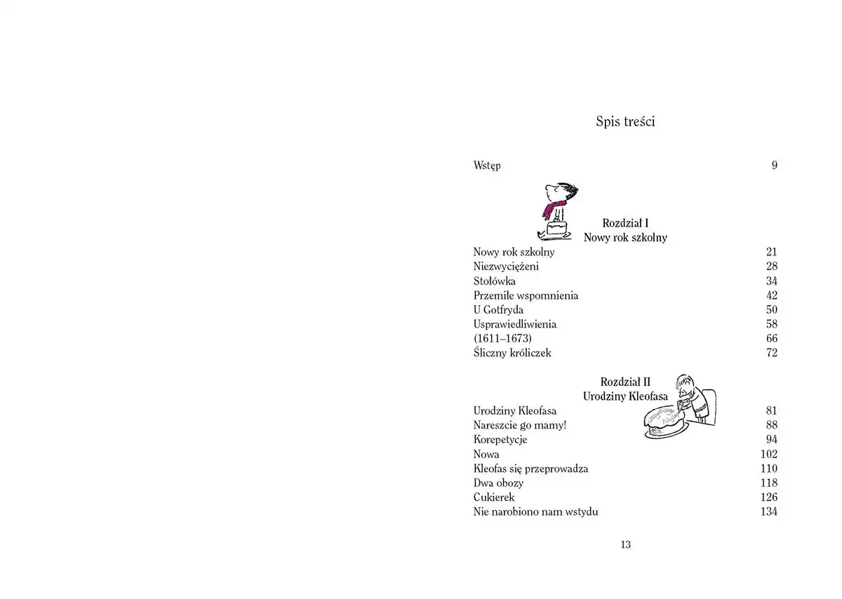 Spis treści książki "Nowe przygody Mikołajka". Rozdziały I i II, ilustracje i numery stron.