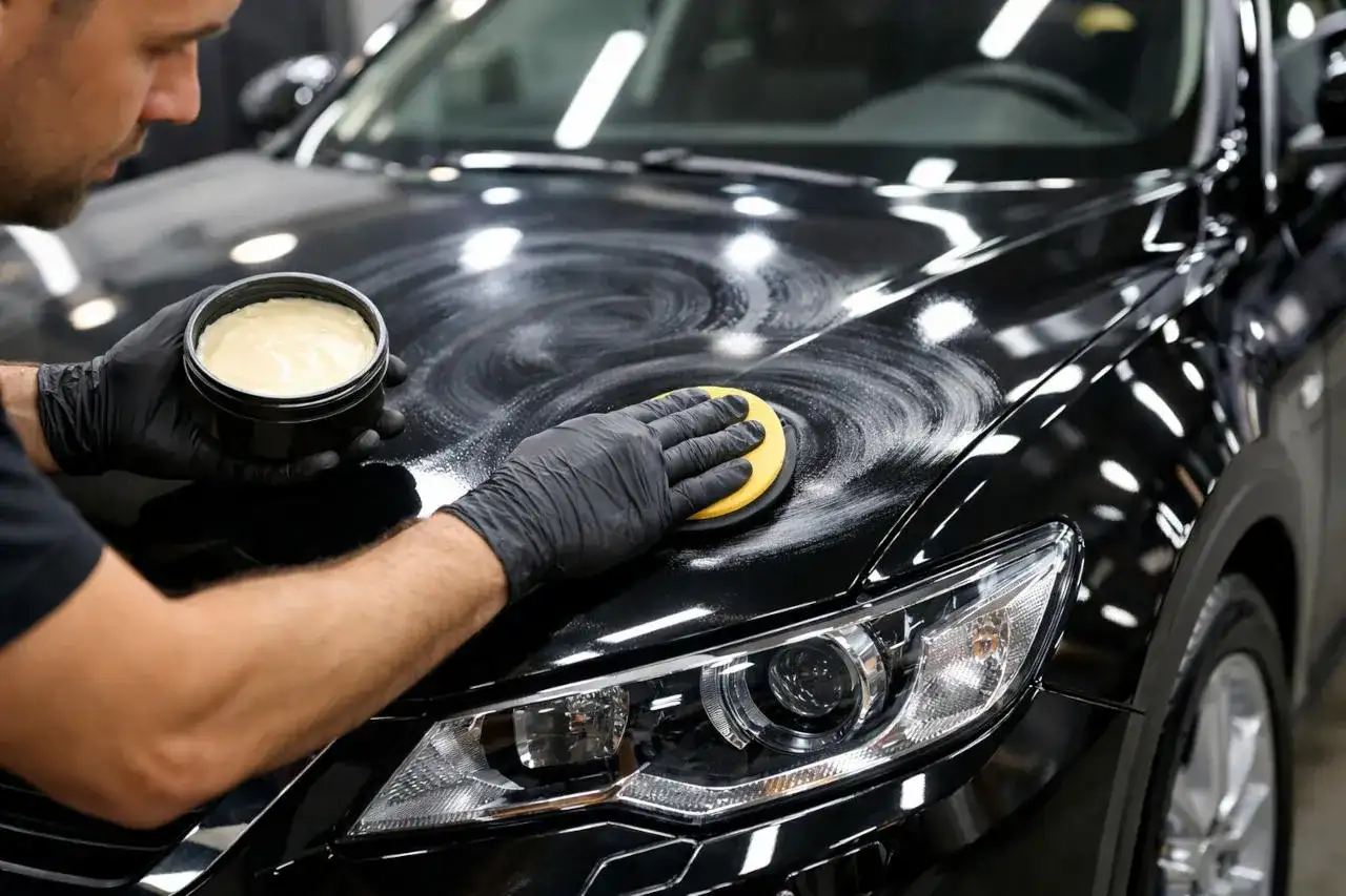 Nakładanie wosku na błyszczącą, czarną maskę samochodu za pomocą gąbki.