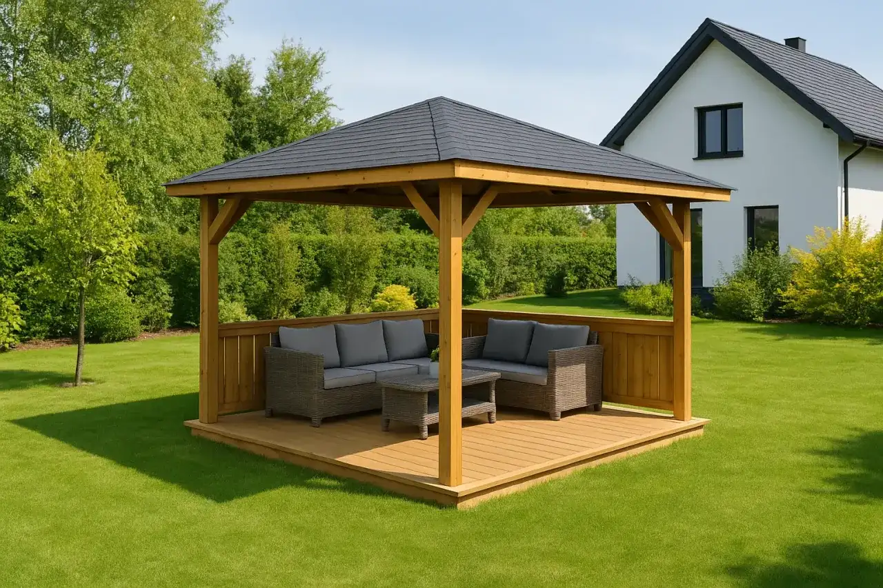 Drewniana altana z meblami wypoczynkowymi na trawniku, obok białego domu.