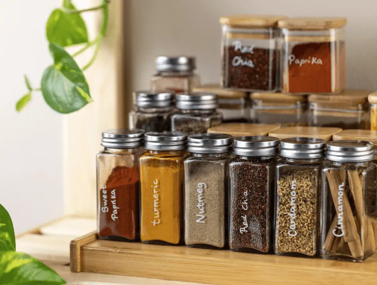 Słoiczki z przyprawami: papryka, kurkuma, gałka muszkatołowa, nasiona chia, kardamon, cynamon. Dowiedz się, jak długo można przechowywać mielone przyprawy żeby nie straciły aromatu.