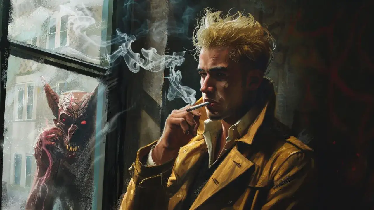John Constantine, antybohater, pali papierosa, podczas gdy demon patrzy przez okno. Różnica między antybohaterem a złoczyńcą na przykładzie literatury współczesnej.