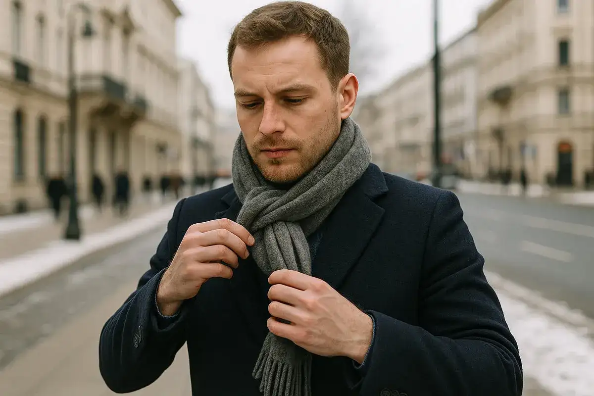 Mężczyzna w granatowym płaszczu poprawia szary szalik. Pokazujemy, jak wiązać męski szalik, by wyglądać stylowo.