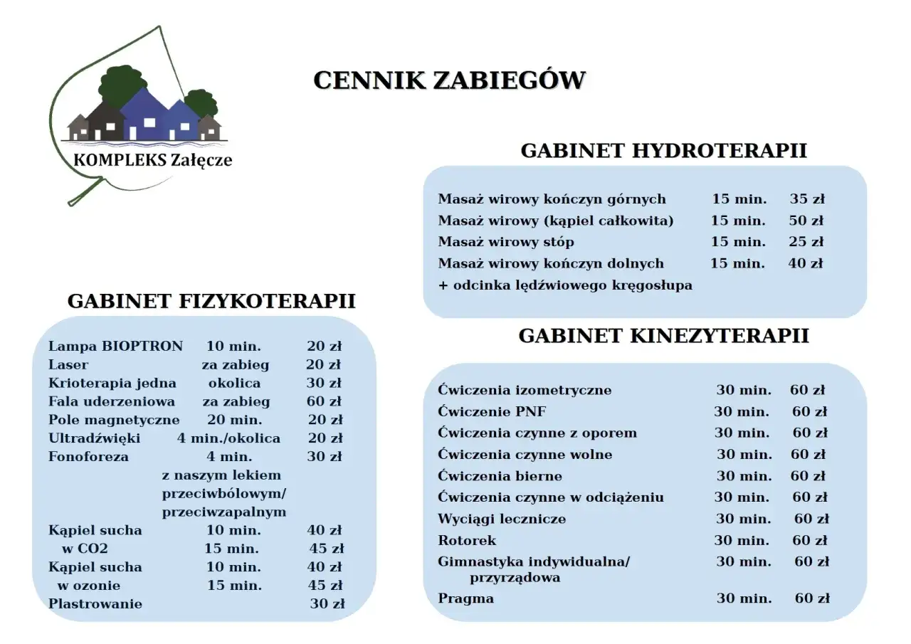 Cennik zabiegów w Kompleksie Załęcze: fizykoterapia, hydroterapia, kinezyterapia.