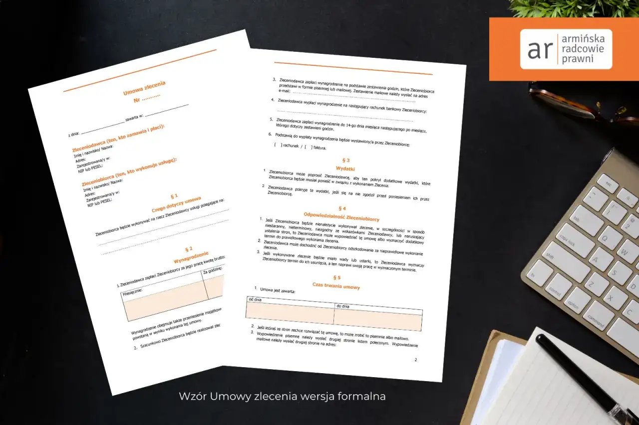 Wzór umowy zlecenia, który pomoże Ci dowiedzieć się, jak napisać wypowiedzenie umowy zlecenie. Dokument zawiera klauzule dotyczące wynagrodzenia i czasu trwania umowy.