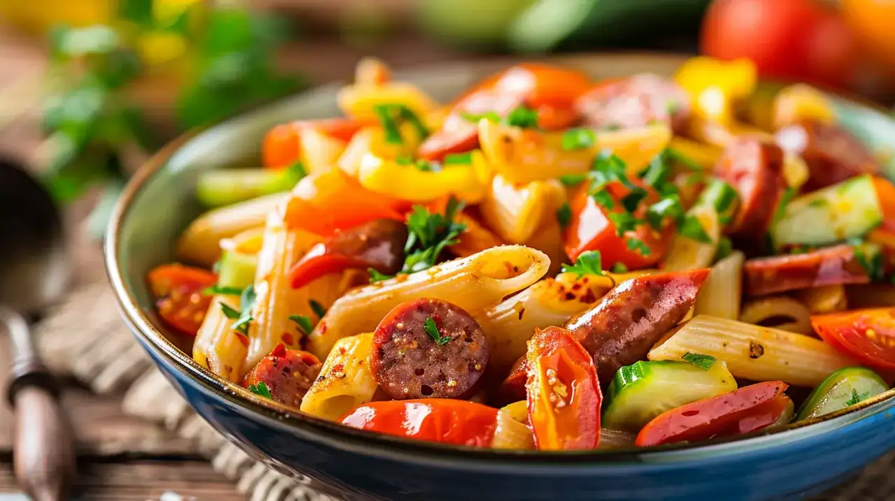 Sałatka z makaronem, kabanosem i warzywami na lato - przepis