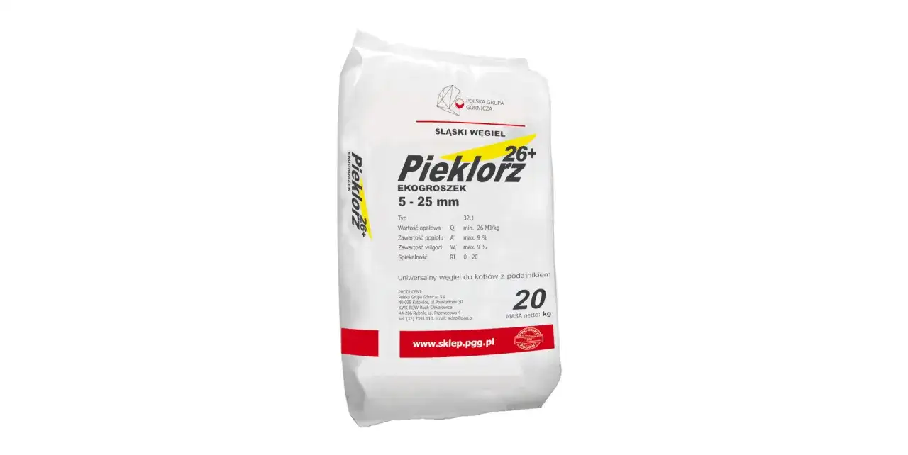 Worek ekogroszku Pieklorz 26+ o granulacji 5-25 mm. Uniwersalny węgiel do kotłów z podajnikiem. Gdzie kupić? Sprawdź na www.sklep.pgg.pl