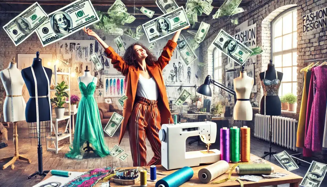 Szczęśliwa projektantka mody cieszy się deszczem banknotów, pokazując, ile zarabia projektant mody.