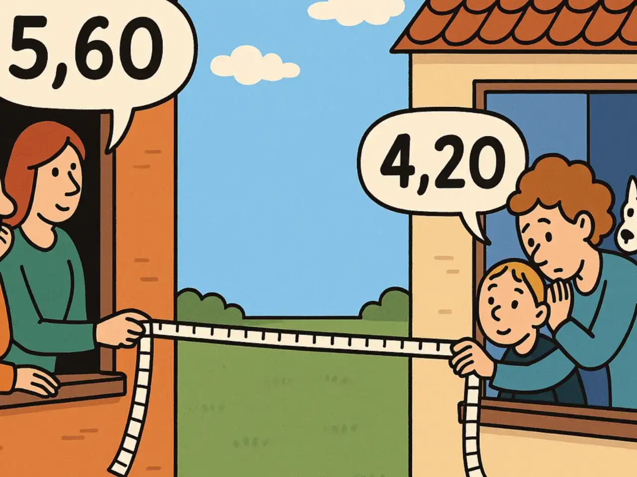 Sąsiedzi mierzą odległość okna od granicy działki. Jeden mówi "5,60", drugi "4,20".