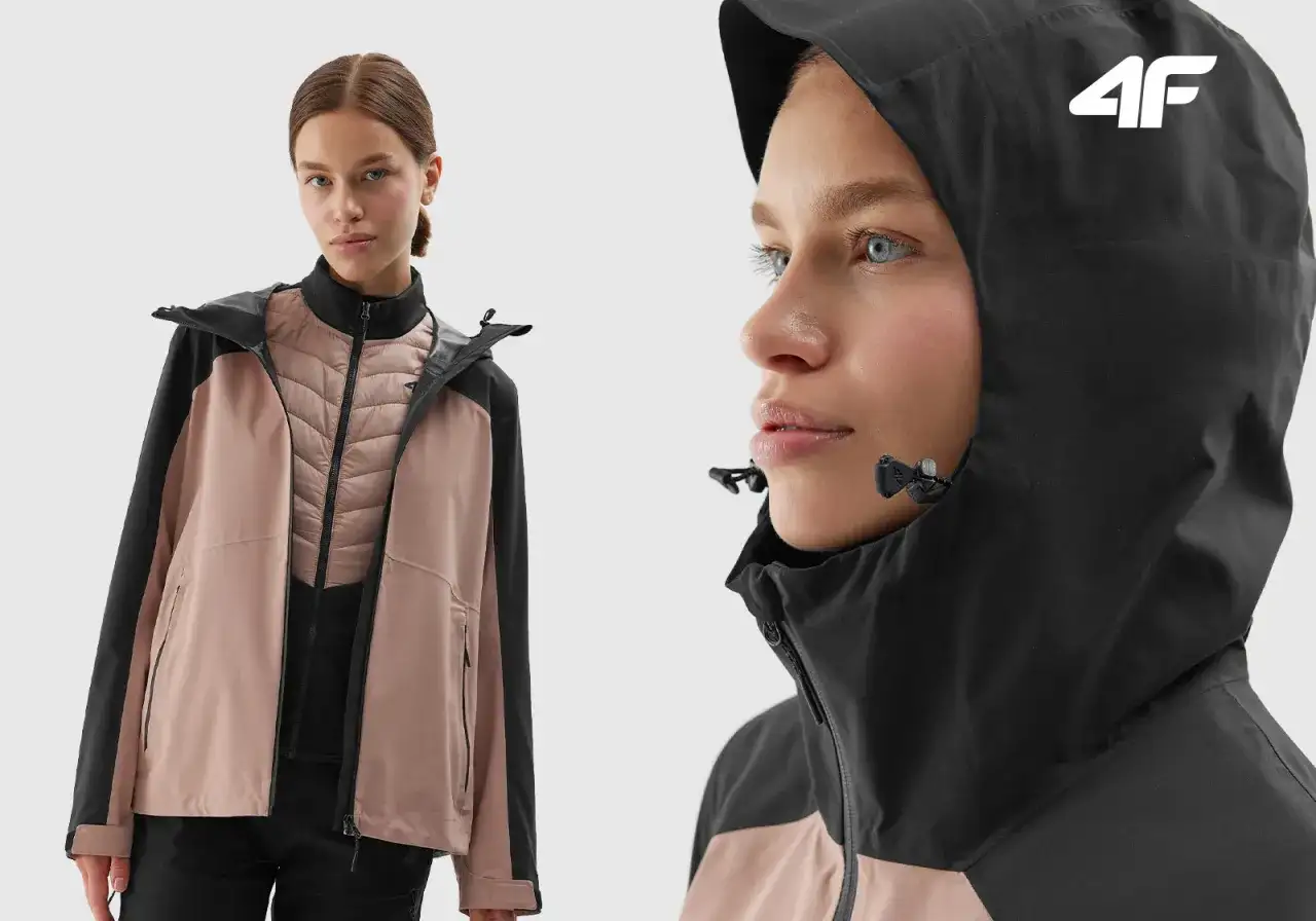 Kobieta w kurtce 4F. Membrana 8000 co to znaczy? To dobra ochrona przed deszczem i wiatrem, idealna na zmienną pogodę.