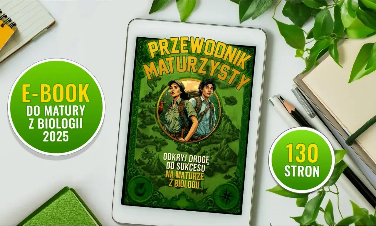 Tablet z okładką e-booka "Przewodnik Maturzysty" i zielonymi elementami graficznymi.