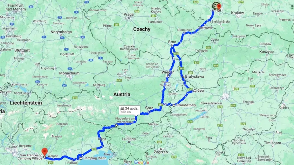  Polska Włochy trasa samochodowa - mapa i szczegóły podróży