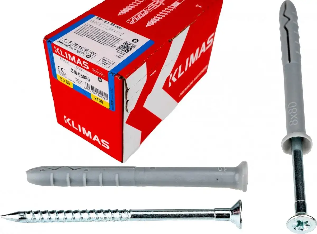 Pudełko z kołkami i wkrętami 8x80 mm marki Klimas.