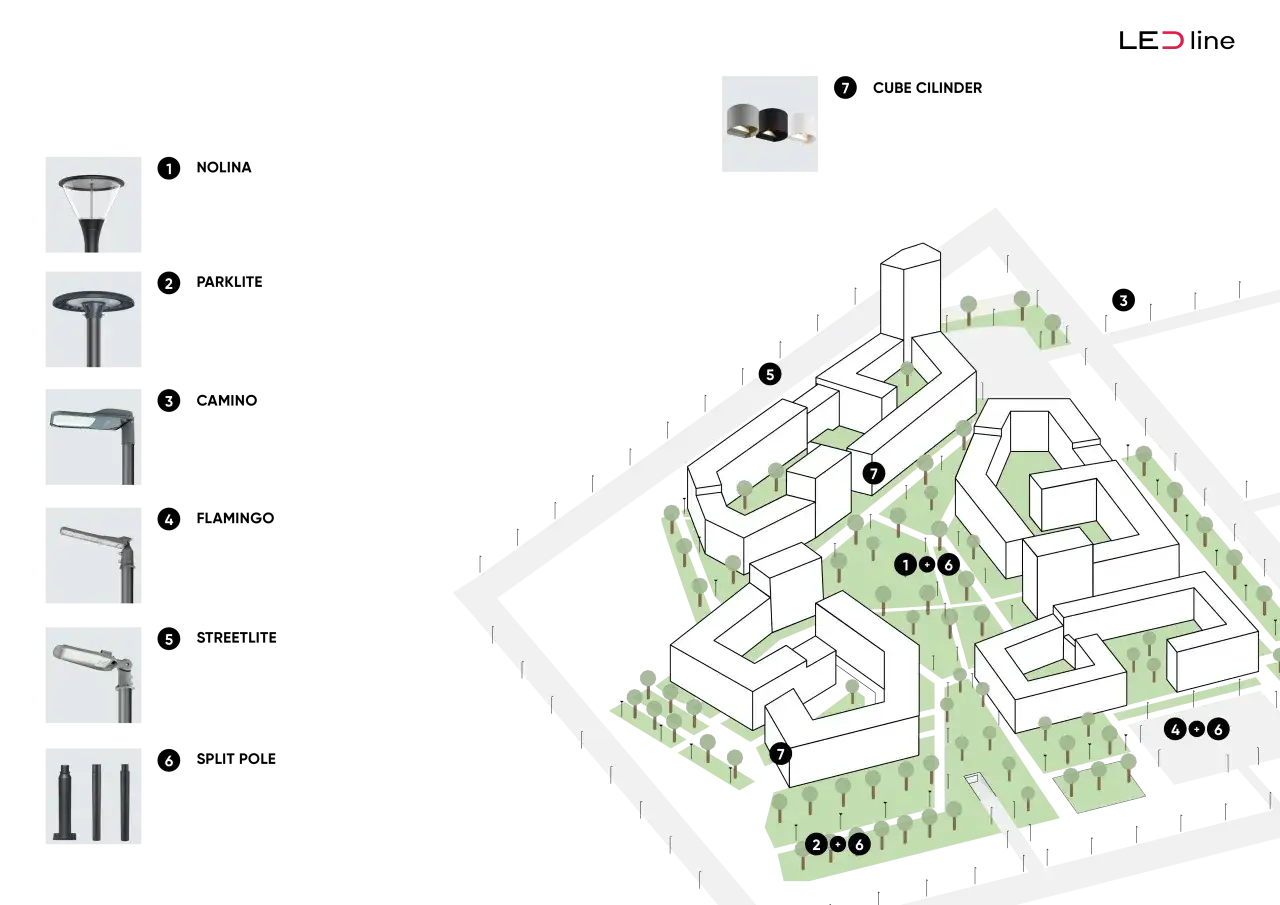 Projektant oświetlenia prezentuje wizualizację osiedla z różnymi typami lamp: od parkowych po uliczne.