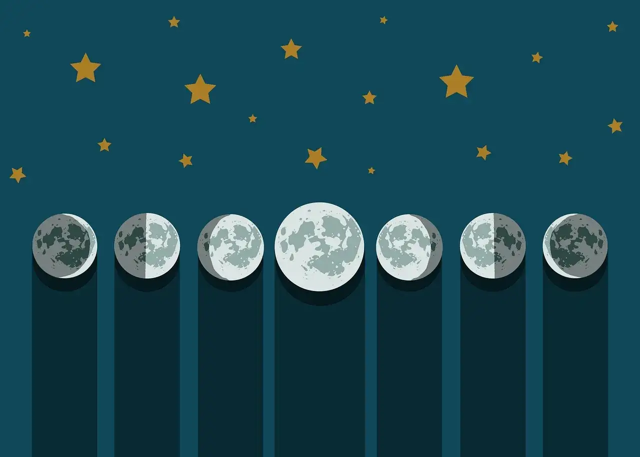 Ilustracja przedstawiająca fazy księżyca na tle nocnego nieba z gwiazdami.