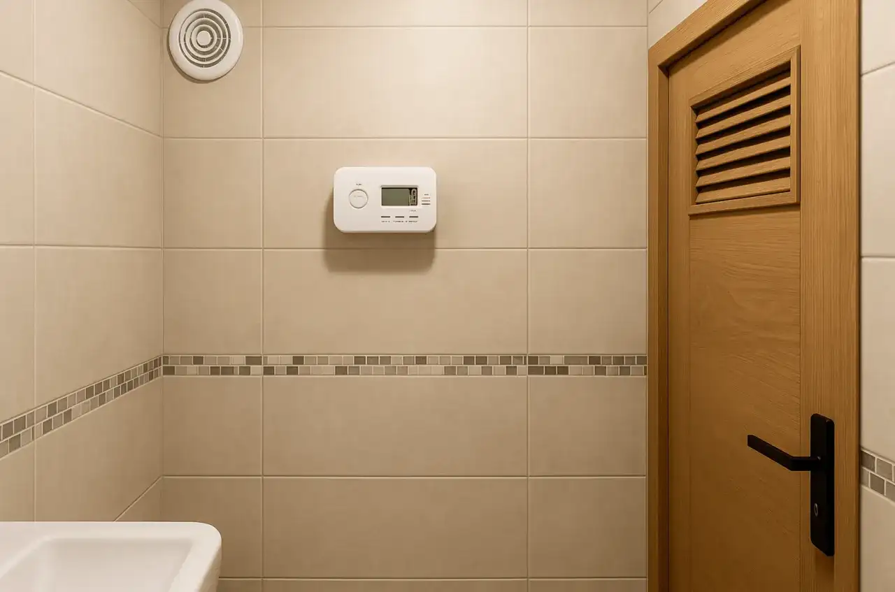 Czujnik czadu zamontowany na kafelkowanej ścianie, blisko wentylacji, to dobry pomysł, gdzie zamontować czujnik czadu w małej łazience.