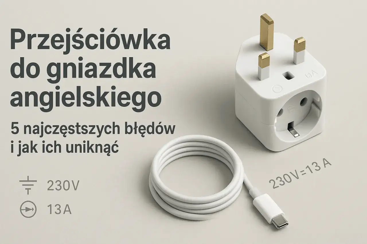 Adapter do angielskiego gniazdka. Biały adapter z trzema bolcami i gniazdem, biały kabel USB-C. 230V, 13A.