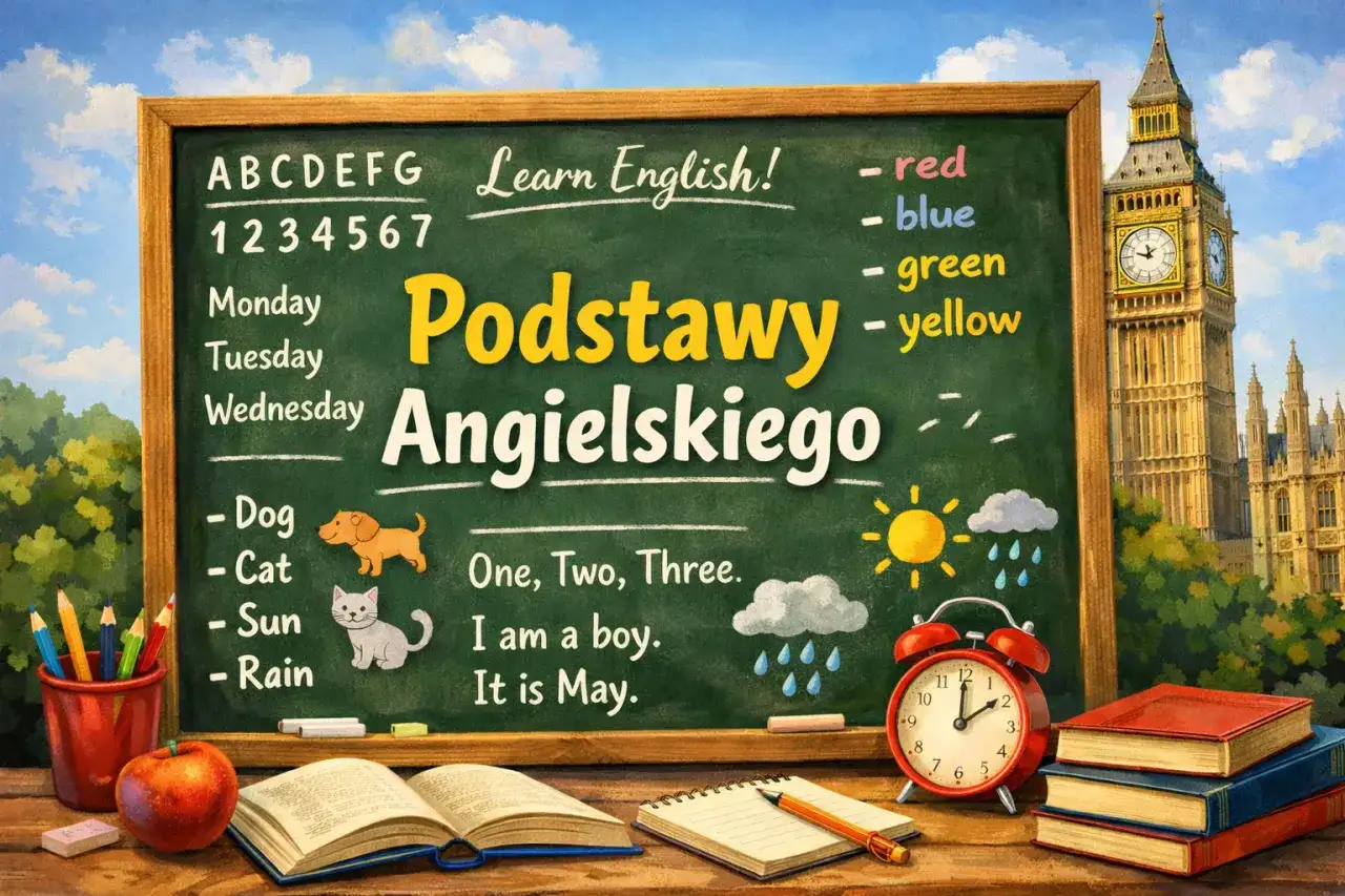 Tablica z napisem "Podstawy Angielskiego" i podstawowymi zwrotami. Idealna, by dowiedzieć się, od czego zacząć naukę języka angielskiego.