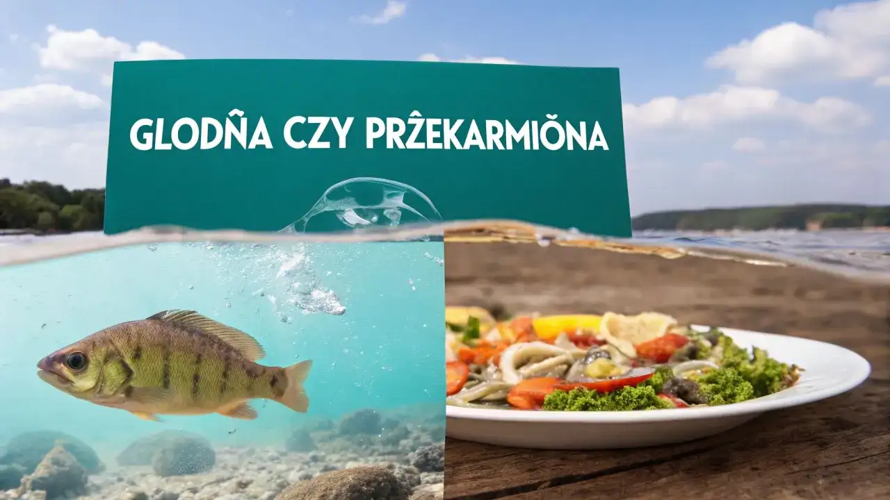 Ryba w wodzie i talerz z jedzeniem, z napisem "Głodna czy przekarmiona".