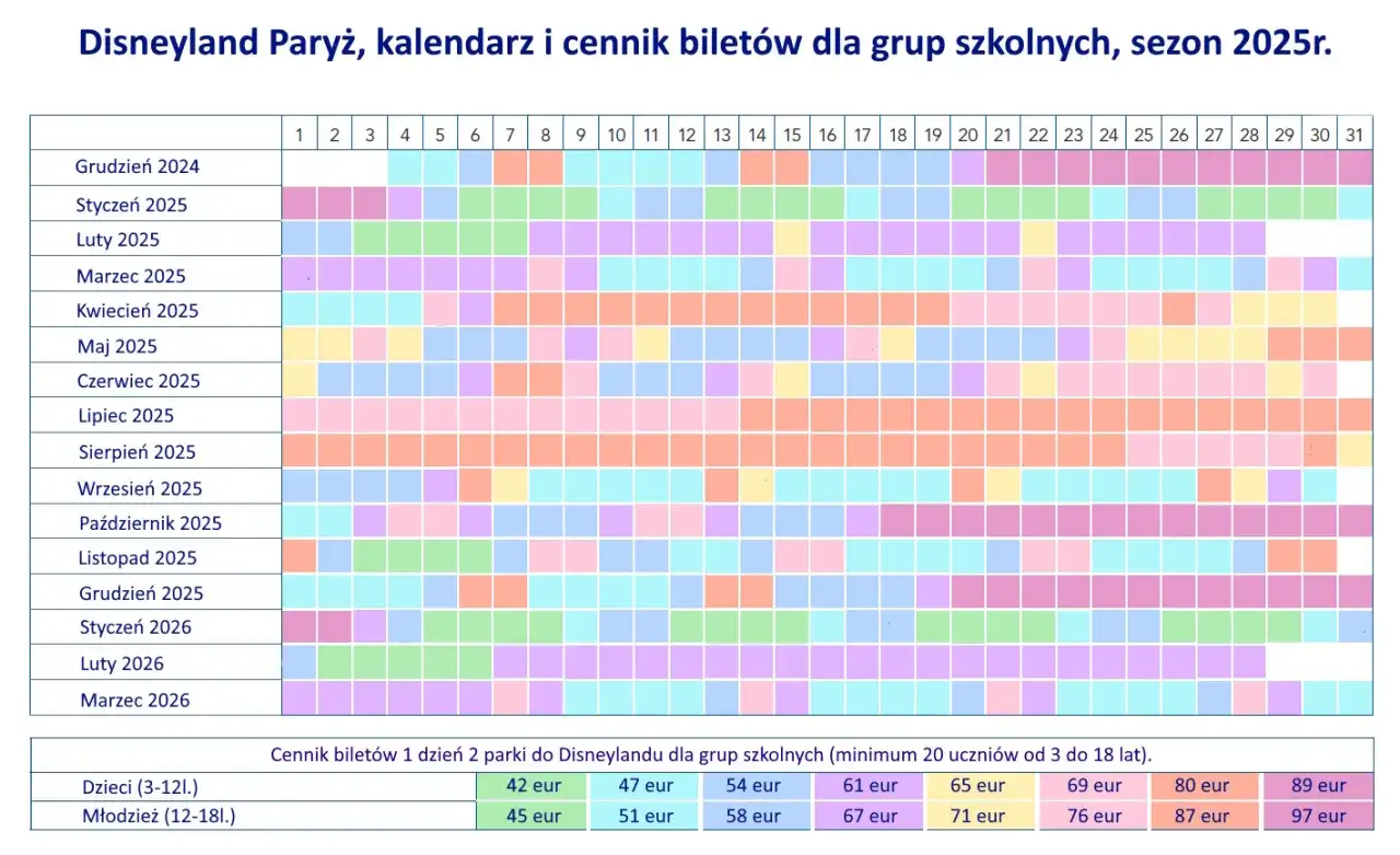 Kalendarz i cennik biletów do Disneylandu Paryż na 2025r. dla grup szkolnych. Sprawdź bilet Disneyland cena dla dzieci i młodzieży.
