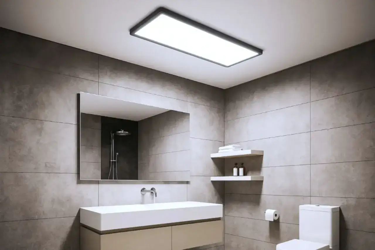 Nowoczesny, prostokątny plafon do łazienki, idealnie komponuje się z szarymi płytkami i minimalistycznym wystrojem.
