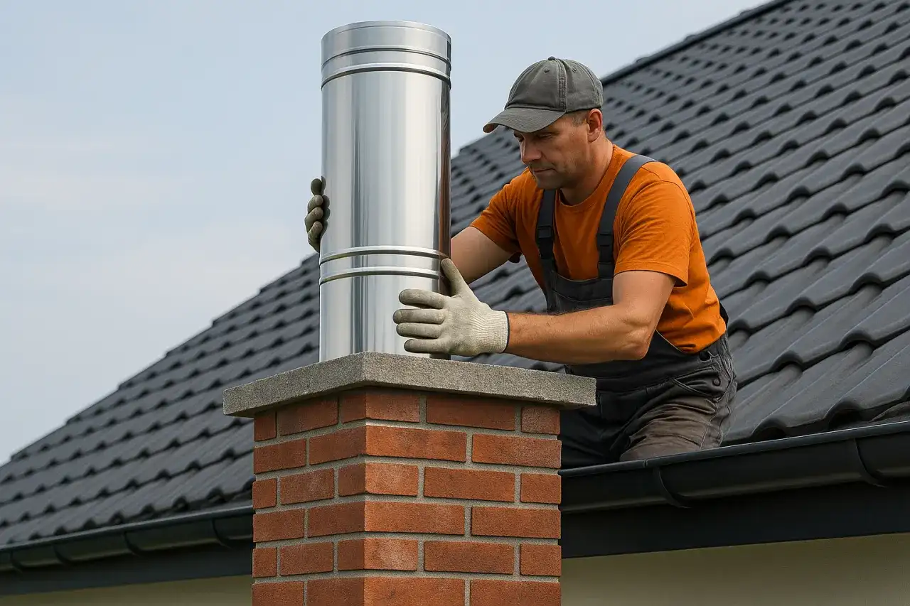Fachowiec montuje stalowy komin na ceglanym postumencie, pokazując jak ocieplić komin z cegły.