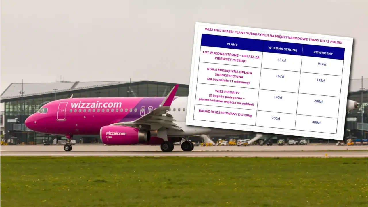 Różowy samolot Wizz Air na płycie lotniska obok tabeli z cenami biletów.