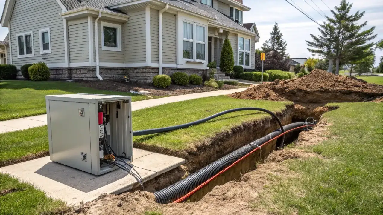Instalacja światłowodu: szara skrzynka z okablowaniem, wykop z rurami i przewodem 40a jaki przewód.