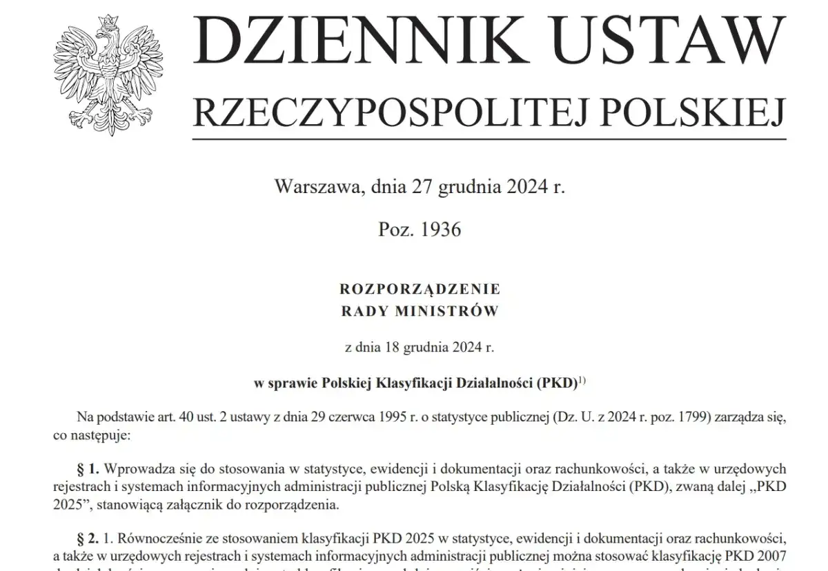 Fragment oficjalnego dokumentu z godłem Polski i tekstem "Dziennik Ustaw Rzeczypospolitej Polskiej".