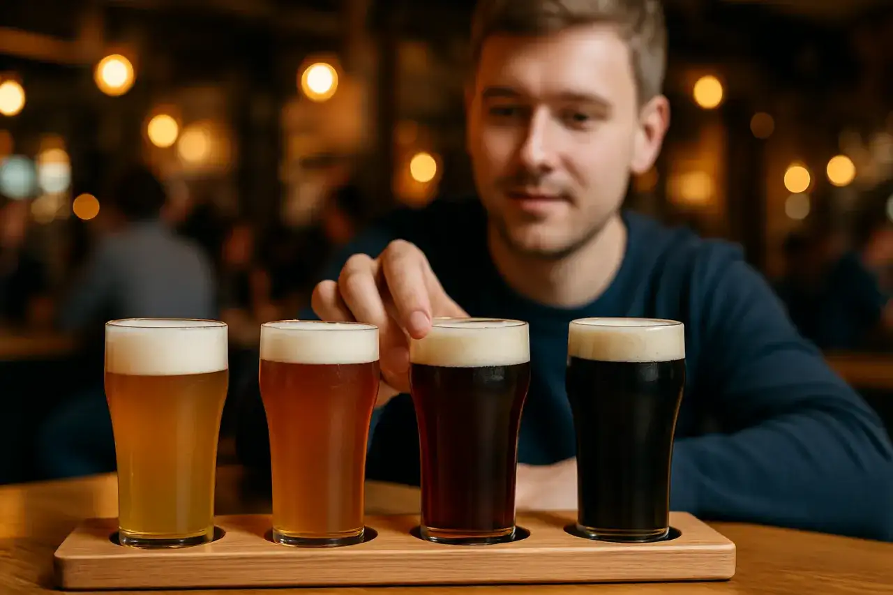 Mężczyzna wybiera piwo z degustacyjnej deski. Czy warto leżakować piwa rzemieślnicze (barrel aged) w piwnicy?