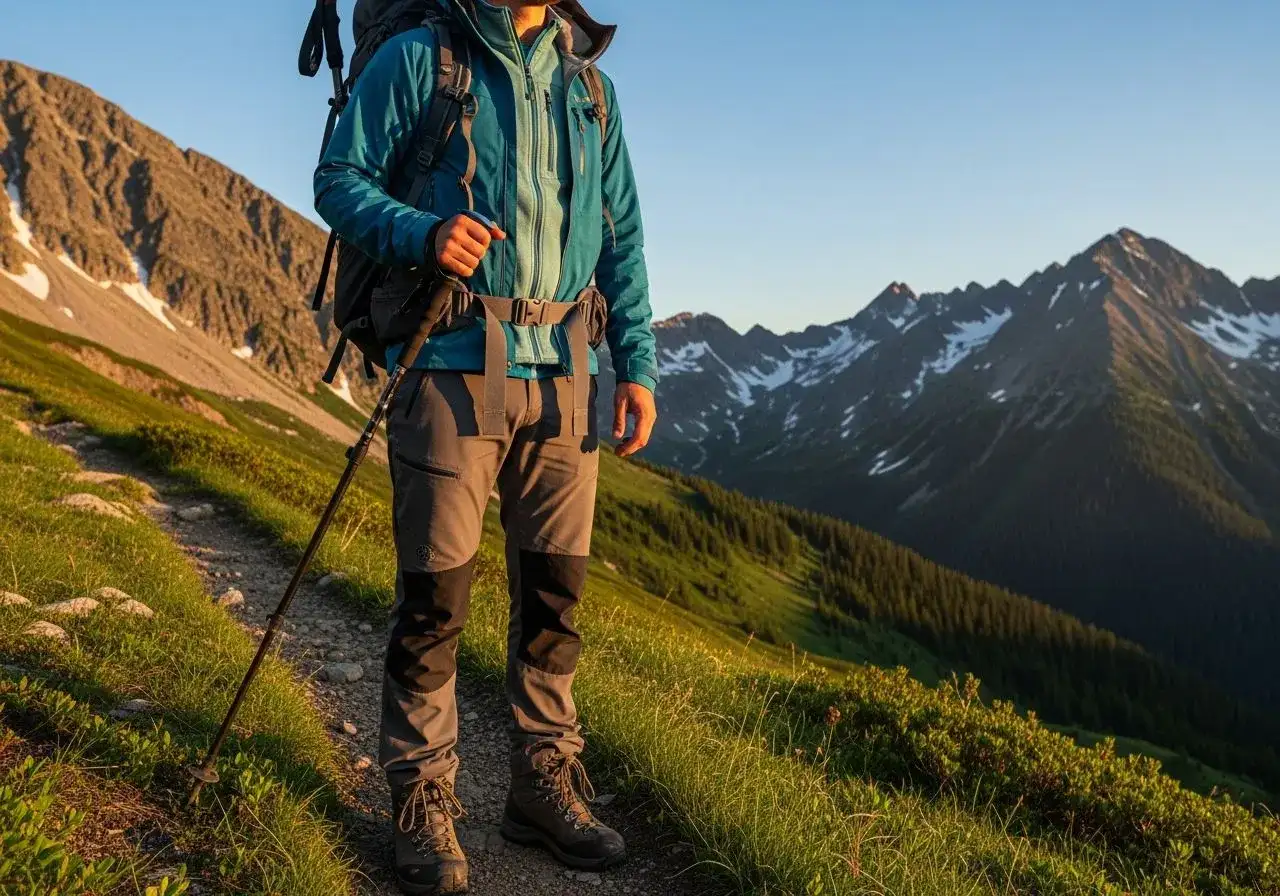Wędrowiec w turkusowej kurtce i szarych spodniach, z plecakiem i kijkami, gotowy na przygodę w górach. Odzież w góry zapewnia komfort i ochronę.