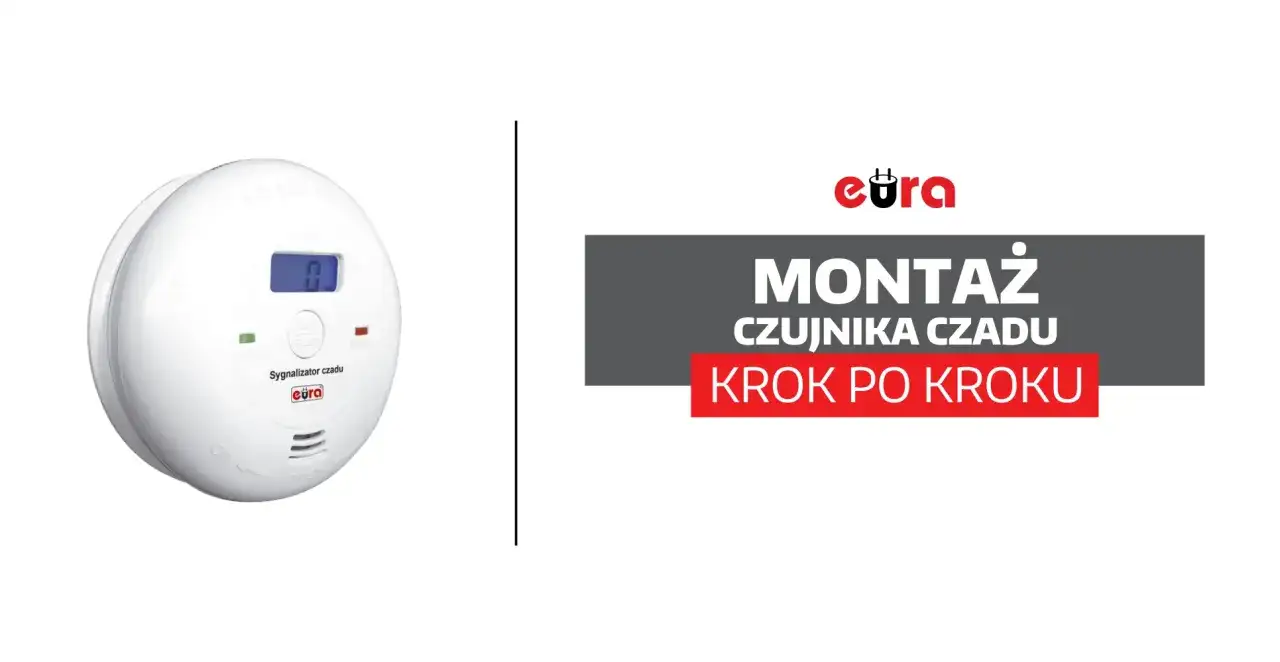 Biały czujnik czadu z wyświetlaczem cyfrowym i przyciskami. Obok tekst: "MONTAŻ CZUJNIKA CZADU KROK PO KROKU".